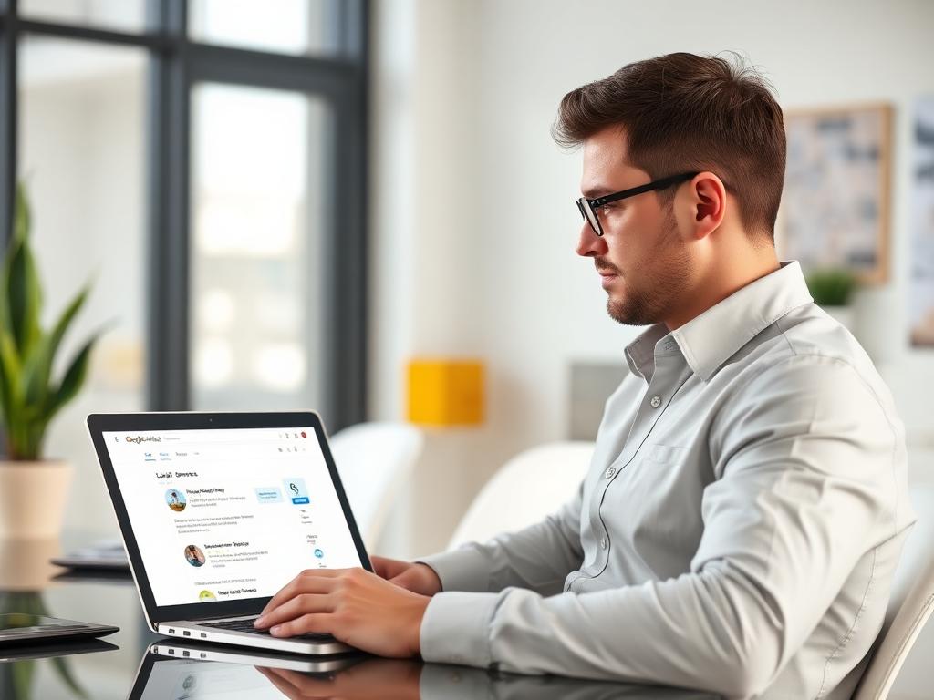 Unternehmer prüft am Laptop die lokalen Google-Suchergebnisse seines Betriebs