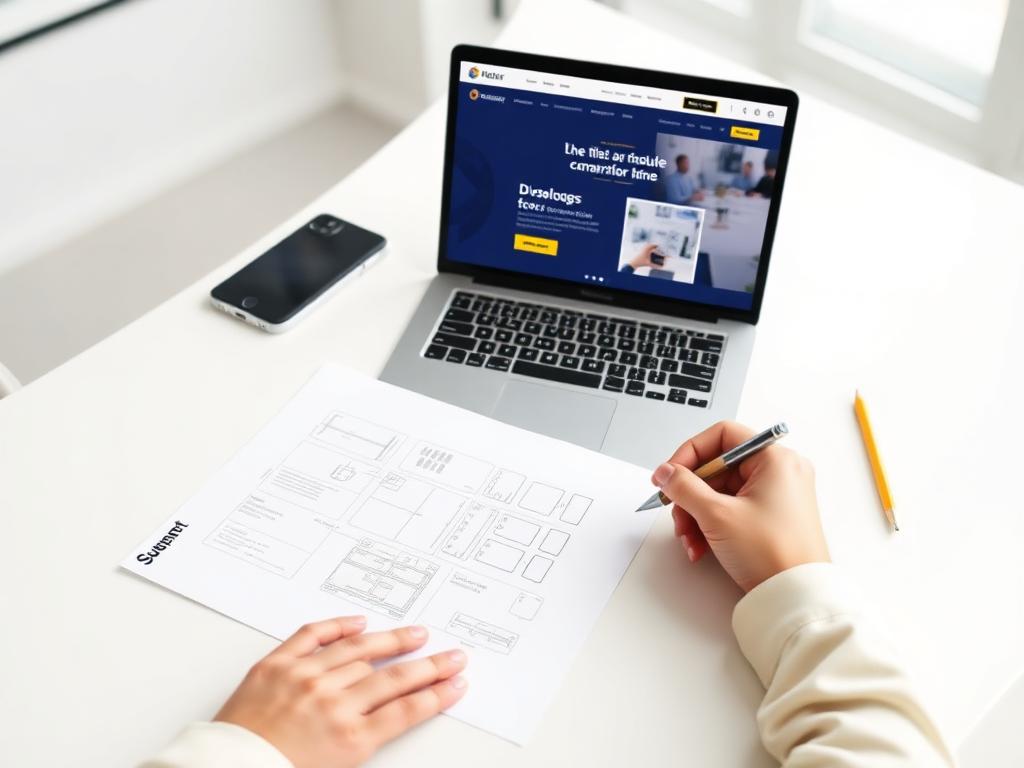 Designerin skizziert das Layout einer neuen Unternehmenswebsite