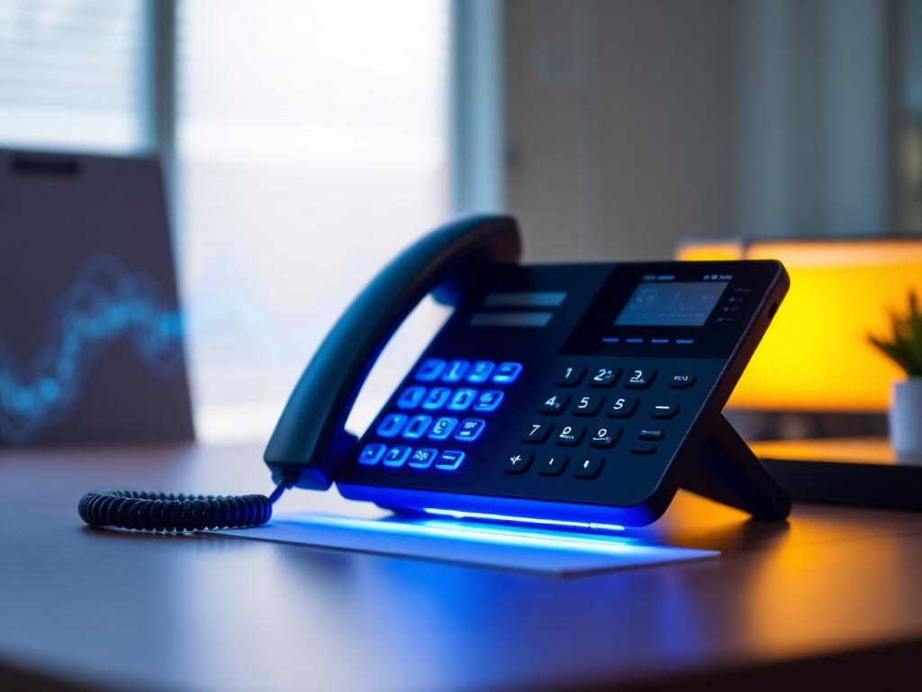 Modernes Bürotelefon mit blauem Licht als Sinnbild für den Telefon-KI-Assistenten